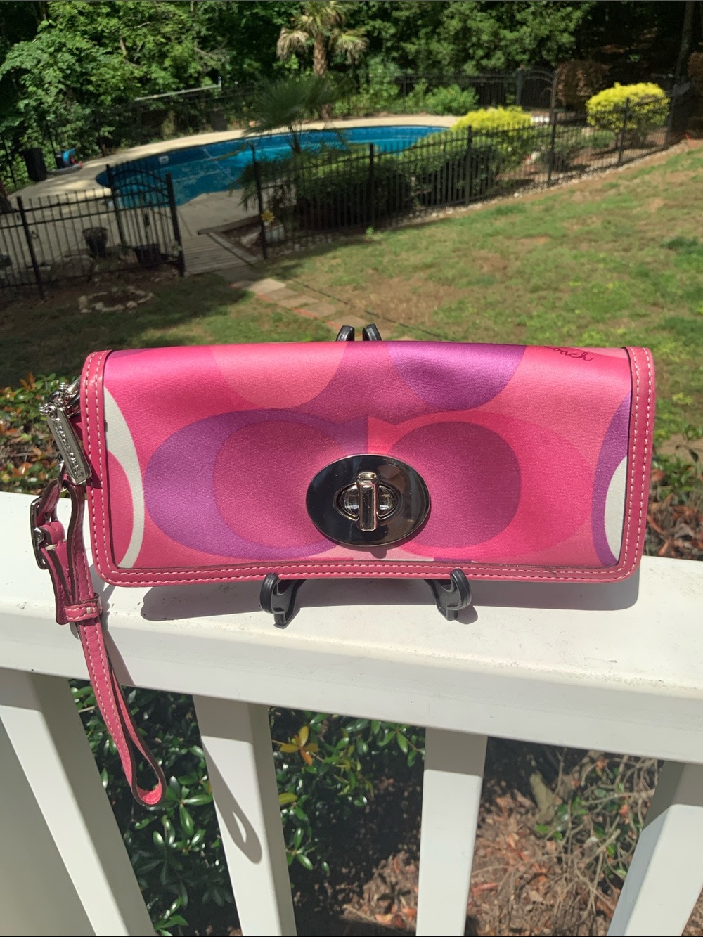 Coach Pink Scarf Print Zoe Signature Turn-Lock Wristlet GUC